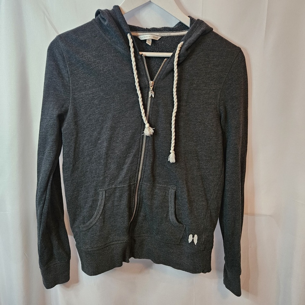 Victoria's Secret Women's Sz XS Sweatshirt Gray Hooded Zip Angel Wing Sequin Y2K